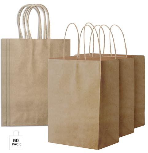 CHARMGIFTBOX 50 Stück 15 x 21 x 8 cm Braun Papiertüten mit Henkel, Geschenktüten Klein Kindergeburtstag, Kraftpapier Tüten für Partei, Fest, Hochzeiten, Babypartys