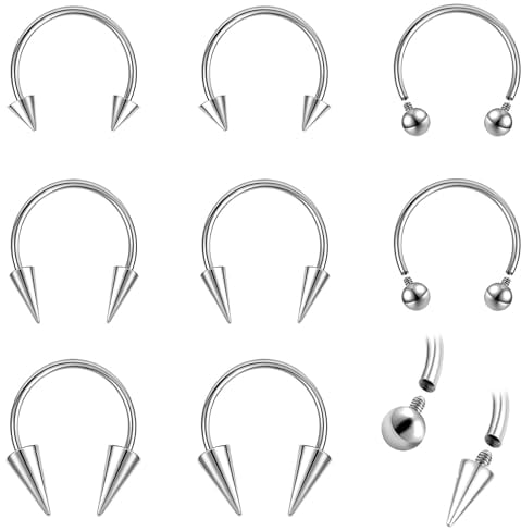 ZS 8 Stück 16G/18G Spike Septum Ringe Edelstahl Innengewinde Hufeisen Circular Barbell Piercing Schmuck für Nase Lippe Tragus Knorpel Helix Daith, 16g, Edelstahl, Kein Edelstein