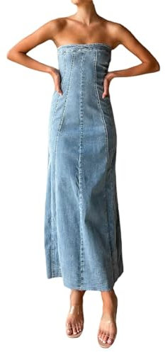 Damen Sommer Tube Kleid Trägerlos Reißverschluss Schlitz Jeanskleid-Blau-M