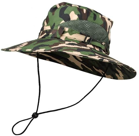 TOUTACOO, Chapeau de Soleil Camouflage à Large Bord, Homme, Femme, Anti-UV, réglable, Pliable, Chapeau de Brousse, Jungle, Safari, Motif Militaire (01-Camouflage Armée Sable/Vert)
