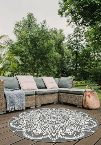 AKCILA Brussels Rund, Doppelseitig, Silver, Creme, Schnur, Rosette, modernes Muster Outdoor Teppich 200 cm, Balkon Carpet,Tepich für Terrasse, Teppiche aussenbereich wetterfest