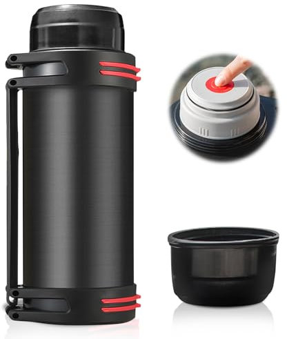 Thermosflasche en acier inoxydable: 1.2L Thermos à boire étanche avec tasse, Bouteille isotherme en acier inoxydable pour café, adultes, thé (Noir-1200ML)