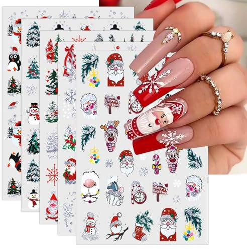 JMEOWIO 9 Sheets Christmas Glitter Nail Art Stickers Decals Self-Adhesive Winter Holiday Cute Snowflake Nail Supplies Nail Art Design Decoration Accessories