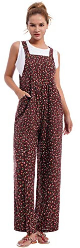 IWEMEK Leinen Overall Jumpsuit Damen Sommer Latzhose Elegant Festlich Strampler f�r Hochzeit Lang Romper �rmellos Druck Sommerhose mit Tr�ger Loose Bib Playsuit mit Taschen braun S