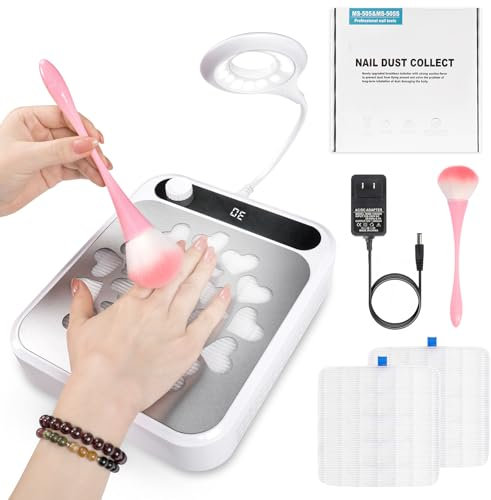 Nail Dust Collector, Dust Collector Nail Tech with LED Light & 2Pcs Reusable Filters & Cleaning Brush, Nail Fan Vacuum Dust Collector for Salon Home, Manicure Acrylic Gel Nails Polishing (White)