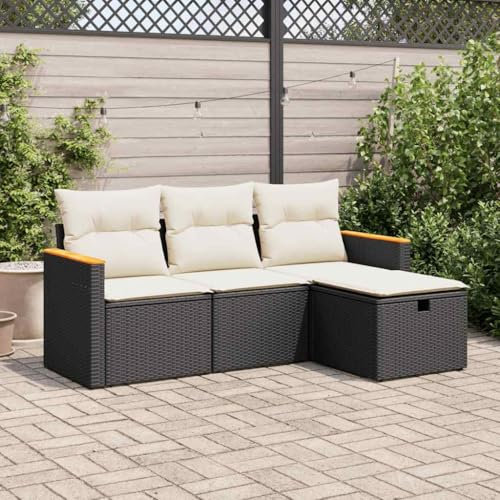 IKAYAA Muebles Jardin Exterior con Almacenamiento de Ratán 4 Piezas, Muebles de Terraza, Muebles de Jardín, Sofa Exterior de Ratán, Sofá Jardín, Conjunto Terraza con Cojines Negro y Crema