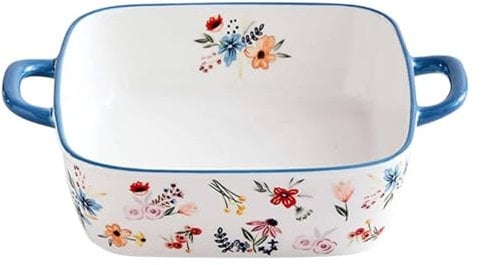 Fuente for lasaña grande y profunda, bonita fuente individual for lasaña con asa, fuentes rectangulares de porcelana for horno, fuentes de cerámica for horno(Blue)