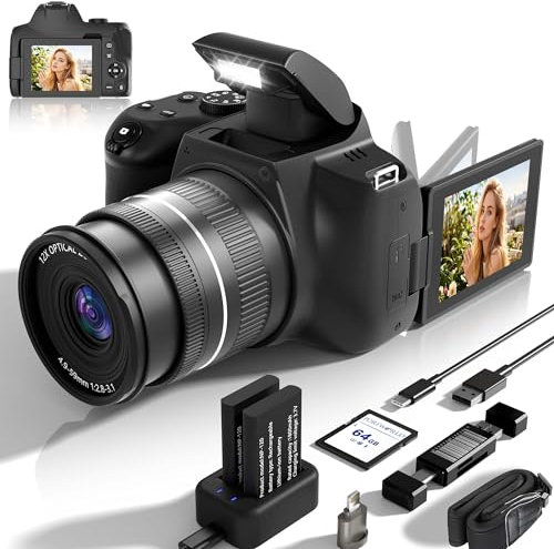 12X Optical Zoom Digital Cameras for Photography: 72MP 4K UHD Auto Focus Compact Cameras with WiFi - 180° Flip Screen & 64GB SD Card for Beginners YouTube Vlogging Creator Outdoor Travel Black