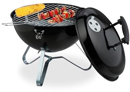 Relaxdays Barbacoa de Carbón, Portátil, 37 cm Ø, Parrilla Pícnic para Jardín y Parque, Grill con Tapa, Redonda, Negro, Acero, Nailon