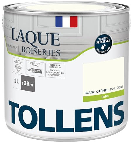 Tollens - Peinture, Laque, Ultra Résistante, Multisupport, Satin, Blanc Crème, 2L = 28m2