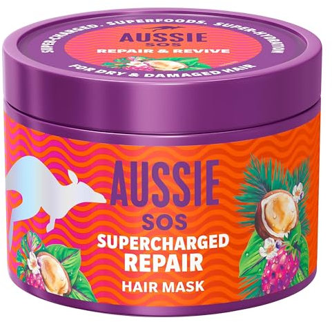 Aussie SOS Supercharged Repair Haarmaske 500ml für Trockenes und Geschädigtes Haar, Hilft bei Reparatur und Schutz vor Schäden, Lässt Das Haar 100 Stunden Lang Weich, Glatt Und Hydriert, Vegan