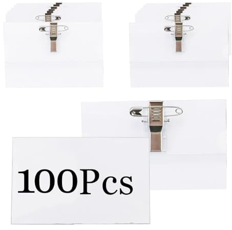 Lot de 100 badges nominatifs avec clip et épingle, 9 x 5,6 cm, en plastique transparent avec épingles horizontales, pour école, bureau, exposition, conférence