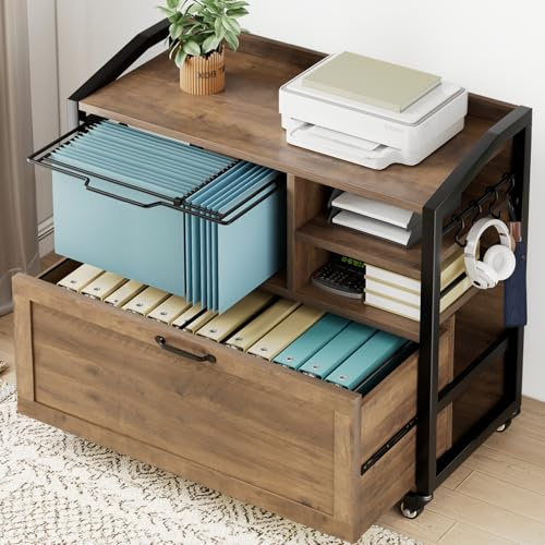 HSH Rollcontainer Mit Schublade Aktenschrank Büroschrank für DIN A4 Letter FormatGröße Drucker Ständer Mit Aufbewahrungsregal Schreibtisch Unterschrank Für Homeoffice Rustikal Eiche 84 cm