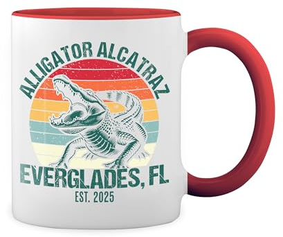 Retro Alligator Alcatraz Everglades Florida Weiße Tasse Mug mit roten Felgen und Griff