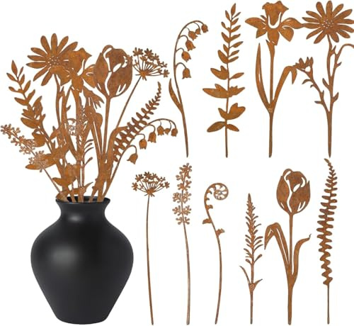 Gartenstecker Rost Blumen Gartendeko für Draußen Wetterfest Rostige Metall Blumenstecker Rostdeko Roststecker Garten Pflanzenstecker Metallstecker Rost Deko für Rasen Hof Balkon Blumentopf (C/10PCS)