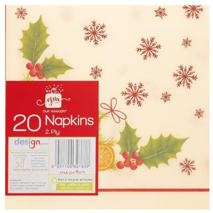 20 x Christmas Paper Napkins – 2 Ply Disposable Festive Table Napkin – Holly, Berries, Snowflakes & Orange Slice Design – Serviettes for Christmas Dinner, Parties, Buffets & Seasonal Celebrations