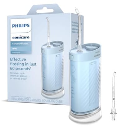 Philips Sonicare Compact Flosser 1000, tragbare Munddusche mit 3 Reinigungsprogrammen, IPX7 wasserdicht, reisefreundlich, Blau, Modell HX3333/24