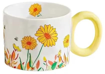Huiyiwert süße Blumentasse Porzellan Milchbecher Kakaobecher Blumenmuster Teetasse mit Griff Kaffeebecher für Kaffee Milch Latte Tee Kakao spülmaschinenfest (Chrysantheme)