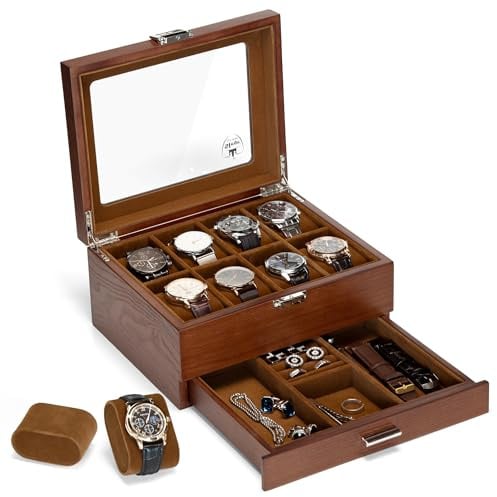 Slege Uhrenbox aus Holz mit 8 Fächer,Uhrenkasten Glasdeckel,2 Ebenen,Uhrenetui für Herren,Uhrenaufbewahrung für Uhren,Schmuck Box,Uhrenbox-Organizer für Damen und Herren,für Ringe,Geschenkidee