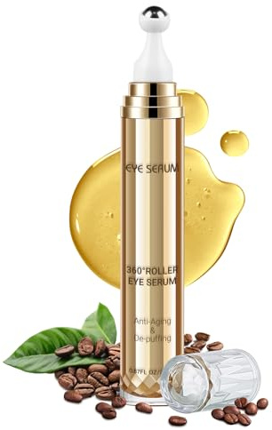 5% Caffeine Eye Serum, Hyaluronic Acid Under Eye Cream for Dark Circles and Puffiness Anti Aging with 360° Massage Ball Reduce Bags, Wrinkles and Fine Lines 20ML