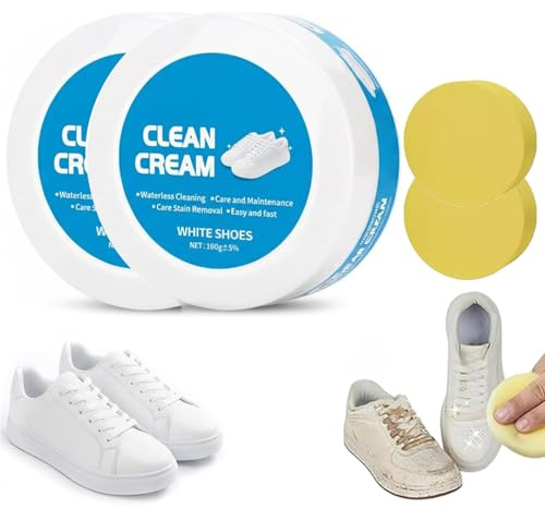CHENRI 2PCS White Shoe Cleaner Cream, Gentle No-Rinse Shoe Cleaner & Whitening Cream, No-Wash Solid Cleaning Paste with Sponge, Multi-functional Cleaning and Stain Removal Cream for Shoes