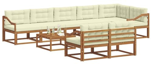 vidaXL Outdoor-Sofagarnitur mit Kissen 9 pcs Natur und Creme, Outdoor-Sitzmöglichkeiten, Garten-Lounge-Sofaset, Langlebige Terrassen-Sektional, Modernes Gartenmöbel