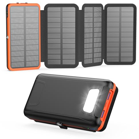 A ADDTOP Solar Power Bank 20000mAh 22.5W Solar Charger with USB C Port | 4 Foldable Solar Panels, 2 USB A 1 USB C, Portable Charger for iPhone 17 16 15 14 13 12, Tablets Orange
