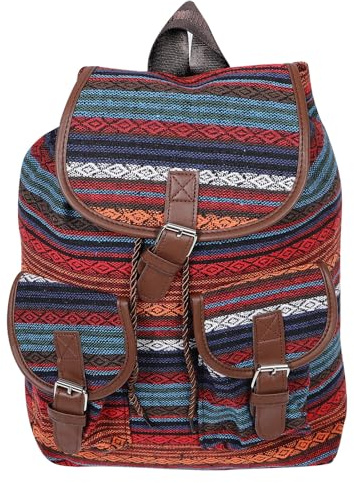 OUNONA Sac à dos ethnique chic pour femme, style rétro, capacité, toile, forme bucket, cordon de serrage, pour livres, essentiels quotidiens, école et voyage