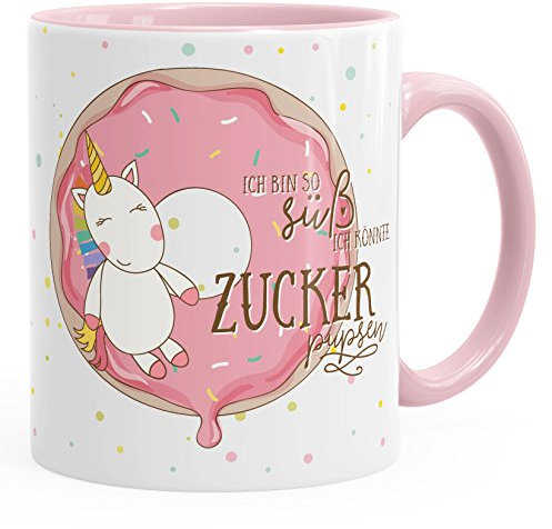 MoonWorks Tasse mit Innenfarbe Einhorn auf Donut Ich Bin so süß ich könnte Zucker pupsen Unicorn mit Innenfarbe rosa Unisize