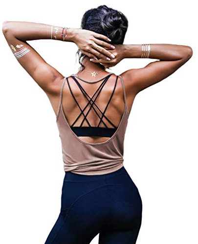 OYANUS Haut d'entraînement d'été sexy dos nu pour femme - Dos nu - Vêtements de sport - Débardeurs de sport, Beige/marron, Taille S