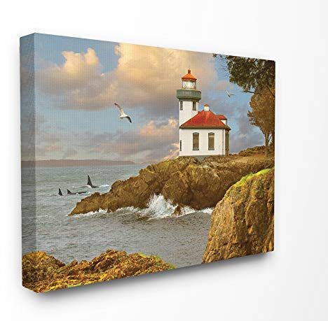 Stupell Industries Lime Kiln Cliff Side Ocean Wave Lighthouse with Whale Fins and Seagull Leinwand-Wandkunst, Canvas, merhfarbig, 11 x 14