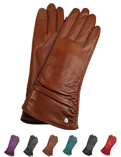 AKAROA ESTD 2019 Lederhandschuhe Damen BEA, Touchscreen Funktion, italienisches Leder, recyceltes Strickfutter aus 50% Kaschmir und 50% Wolle, 4 Größen S - XL, cognac, S - 7
