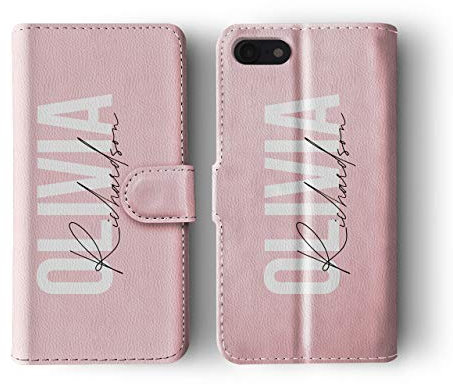 Tirita Personalised Initials Custom Wallet Leather Flip Phone Case Compatible with iPhone 7 Plus & 8 Plus PRINTED GLITTER, NOT REAL GLITTER Fashion Stylish Monogram Baby Pink Name
