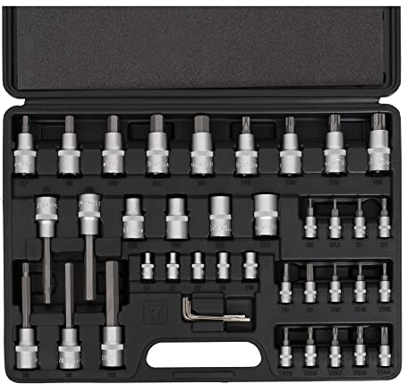 STIER Bit Steckschlüssel-Satz, 42-teilig, 1/2 Zoll und 1/4 Zoll, für Sechskant und Torx, Winkelschlüssel, für Nutzung auch in schwierigen Schraubfällen geeignet