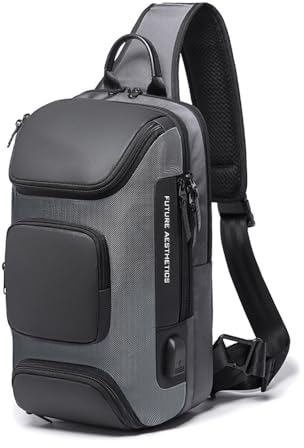 Anti-Diebstahl Sling Bag Herren Brusttasche Umhängetaschen Crossbody-Rucksack Wasserdichte Schultertasche mit USB für Arbeit Reisen Wandern (Grau1)