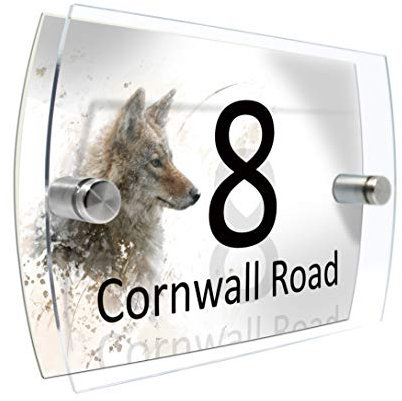 Watercolour Animals Personalised Modern House number Sign Name and Number Street Wall Plaque (Coyote)