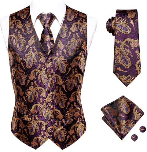 Dubulle Herren-Set mit Paisleymuster, Krawatte und Weste, mit Einstecktuch, Manschettenknöpfen, Taillenmantel, Anzug für Smoking, C Orange Lila, XXX-Large