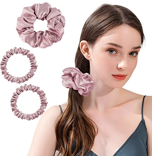 OLESILK 3er-Set 100% Seide Haargummis Kleine Scrunchies Haarschmuck Zopfgummi Haare Ringe Elastische Haarbänder Gummibänder, Lotos