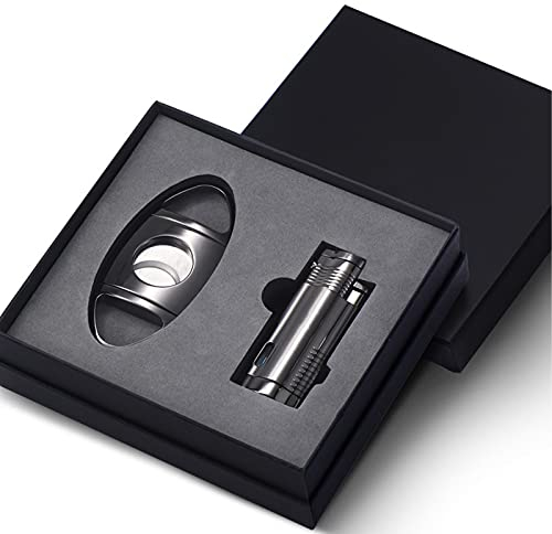 HB1 Creative 2Pcs en Métal Allume-Cigare Ensemble Jet Flame avec Cigare Guillotine Coupe-Vent Coupe-Vent Butane Briquets Rechargeables Coffret Cadeau avec Boîte-Cadeau