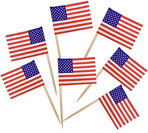 BLUE TOP 100 Stück USA-Flagge Zahnstocher-Flaggen, kleine Zahnstocher, Mini-Stick-Cupcake-Topper, WM-Aufsätze, Party-Dekoration, Feier, Cocktail-Picker für Party, Bar, Sportveranstaltungen.