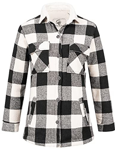 Rock Creek Damen Winterjacke Karierte Flanelljacke Gefüttert Holzfällerjacke Holzfällerhemd Kragen Teddyfutter Kariert Thermojacke D-469 Schwarz XS