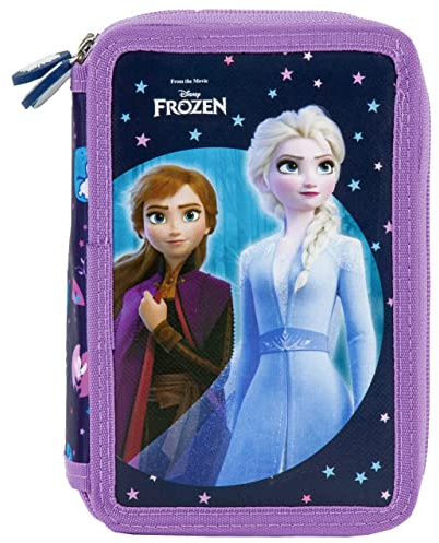 Disney Frozen - Die Eiskönigin Anna und ELSA, 3-Fach Federtasche Federmappe, 44 TLG. gefüllt (PWTKL) für Mädchen, blau/violett, 20 x 13 x 7 cm
