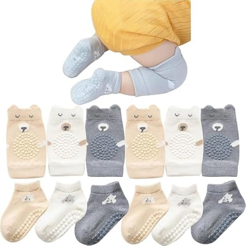 ISANPAN Juego de rodilleras y calcetines antideslizantes unisex para bebés de 3 a 9 a 18 meses, para niños y niñas de 3 a 9 a 18 meses, Color a, 6-18 Months