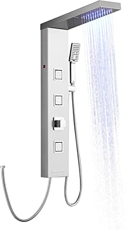 OUGOO Duschpaneel ohne Armatur, LED Duschsäule Komplettset, Regendusche, quadratischen Massagedüsen, Handbrause und Badewannenauslauf, 304 Edelstahl Gebürsteter