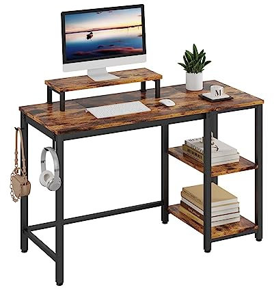 HEEYUE Computer Desk, Industrial Writing Desk with 2-Layer Storage Shelves and Headphone Hook, PC Laptop Table with Monitor Stand,Gaming Desk for Home Office (Rustic Brown)