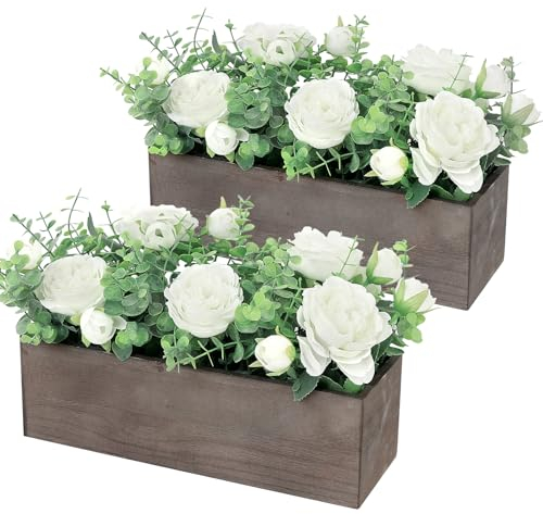 Acmee Esstischdekoration – Set mit 2 Bauernhaus-Holztabletts mit künstlichen Blumen und Eukalyptus, rustikale rechteckige Holz-Pflanzkästen für Küche, Wohnzimmer, Couchtisch