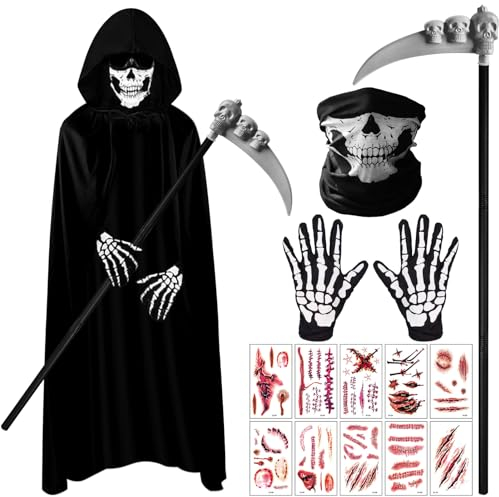 Shinybox Sensenmann Kostüm, Halloween Kostüm Set mit Schädelmaske, Sense, Handschuhe und Aufkleber, Sensenmann Halloween Kostüm Gruselige Halloween Kostüme für Halloween Dekoration, Cosplay, Karneval