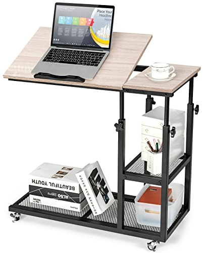 COSTWAY Beistelltisch Holz, höhenverstellbar & neigbar, Sofatisch C-Form, 3 Ebenen Laptoptisch mit Rollen, 80 x 40 x 95 cm, für Wohnzimmer & Schlafzimmer (Natur)