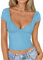 Trendy Queen Womens Deep V-Neck Backless Tops Short Sleeve Slim Fit T-Shirts Basic Y2K Tops Bustier Corset Cami 2025, Light Blue, XS