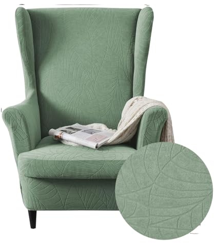 Highdi 2-Teilig Ohrensessel Überzug, Sessel-Überwürfe Ohrensessel Pflanzen Jacquard Einfarbig Schonbezüge Bezug Sesselhusse Strandmon Tiger Stuhlbezug mit Armlehne Hohe Rückenlehne (Matcha Grün)